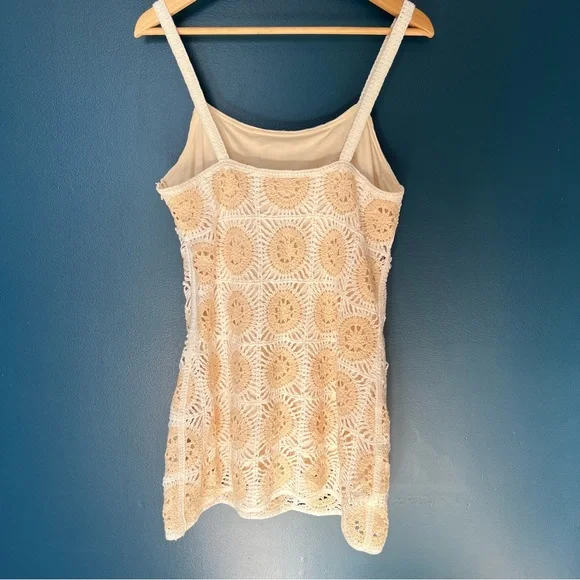 Zara Medium White and Tan Crochet Mini Summer | Boho Dress - Picture 4 of 9